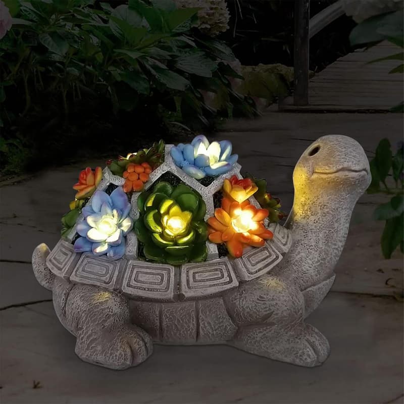 Solar Turtle Garden Statue with Succulent & 7 LED Lights