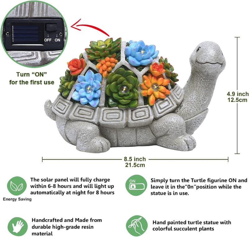 Solar Turtle Garden Statue with Succulent & 7 LED Lights
