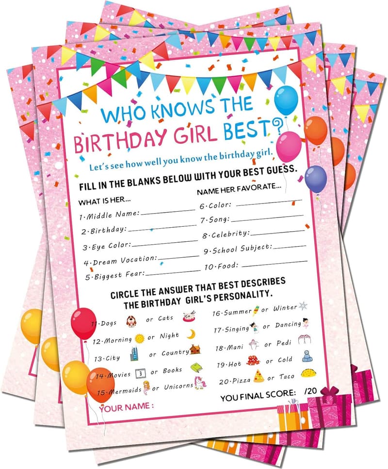 50-Game Card Set for Birthday Party Activity (Pink)