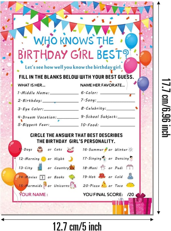50-Game Card Set for Birthday Party Activity (Pink)