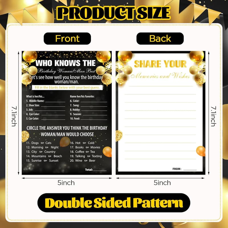 Birthday Party Game Cards - 50 Pcs Double-Sided Activity Set