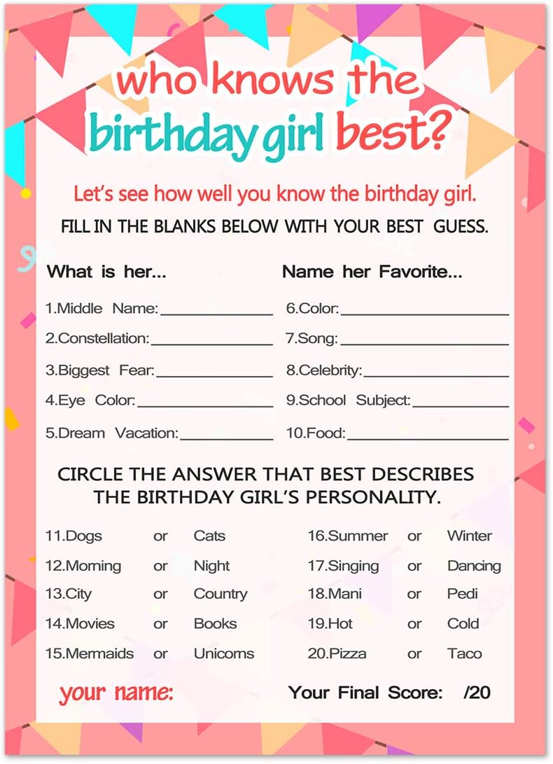 Birthday Girl Games - 20 Game Cards