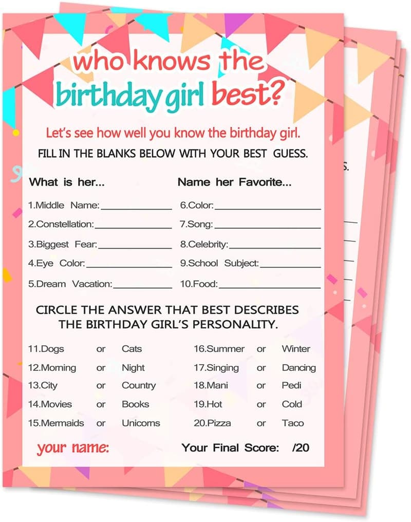 Birthday Girl Games - 20 Game Cards
