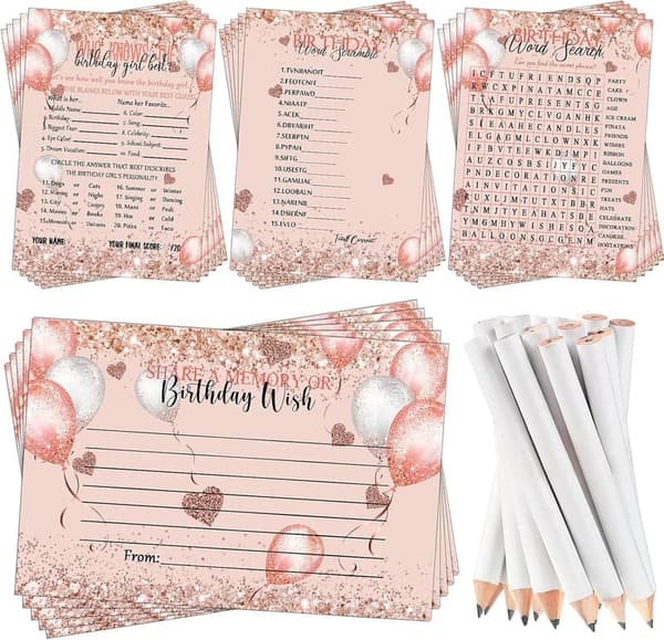 Girls' Birthday Party Game Set - 100 Pcs With Cards & Pencils