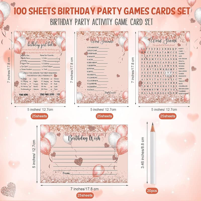 Girls' Birthday Party Game Set - 100 Pcs With Cards & Pencils