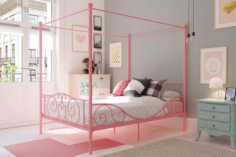 Kids Full Canopy Bed with Scrollwork Headboard and Storage