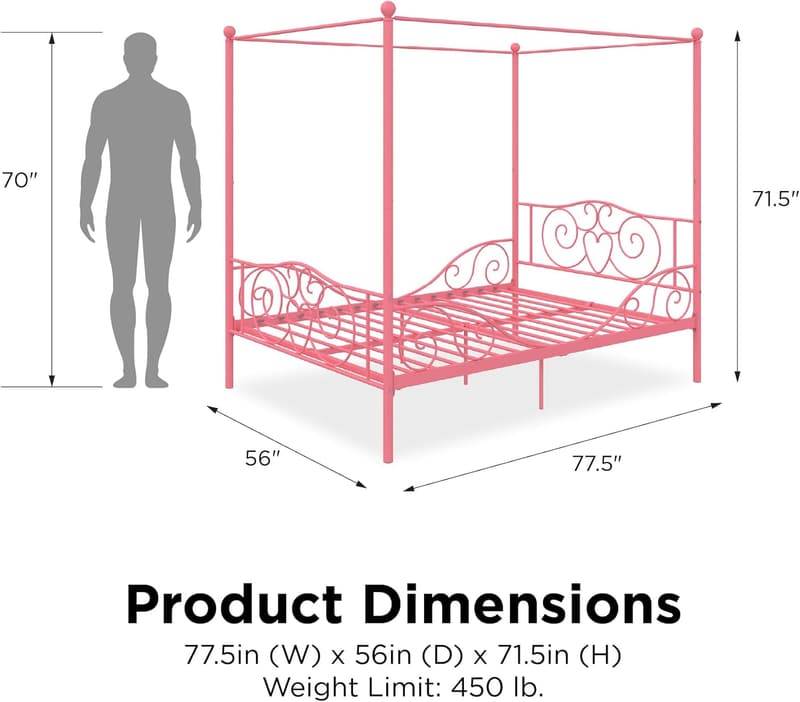 Kids Full Canopy Bed with Scrollwork Headboard and Storage