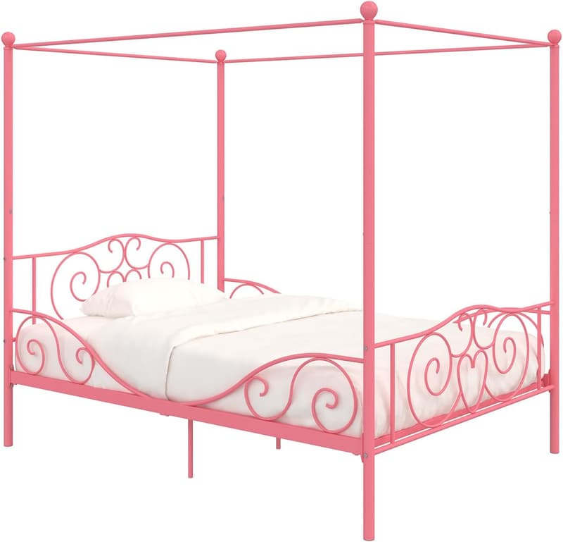 Kids Full Canopy Bed with Scrollwork Headboard and Storage