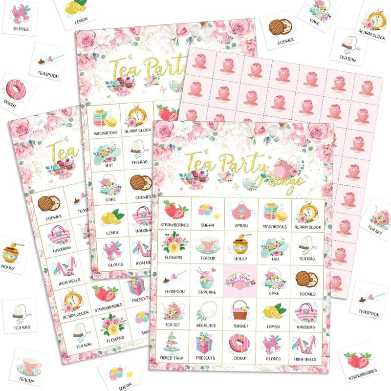 Floral Tea Party Bingo Cards for 24 Players – 35 Pcs Set