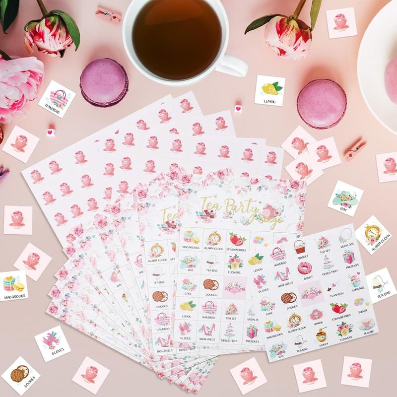 Floral Tea Party Bingo Cards for 24 Players – 35 Pcs Set