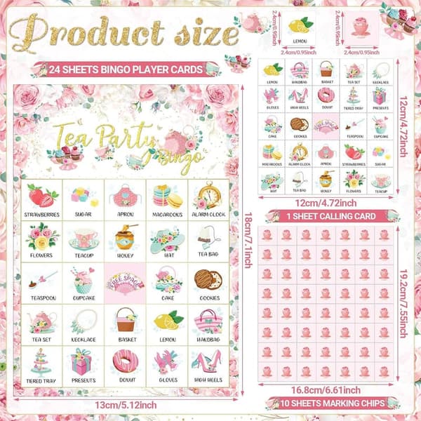 Floral Tea Party Bingo Cards for 24 Players – 35 Pcs Set