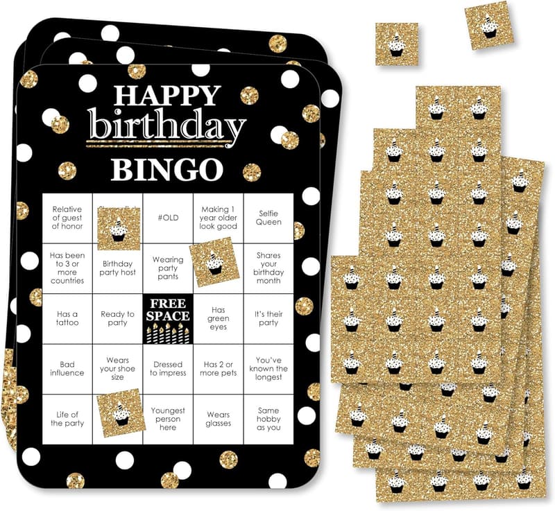 Happy Birthday Bingo Game - Gold - Set of 18 Guest Cards
