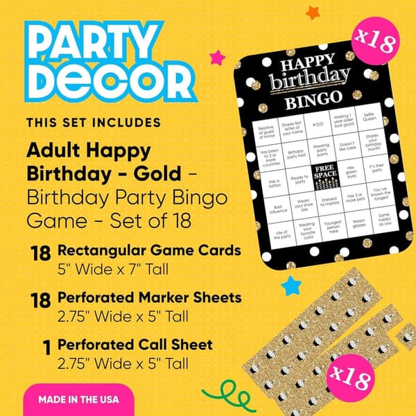 Happy Birthday Bingo Game - Gold - Set of 18 Guest Cards