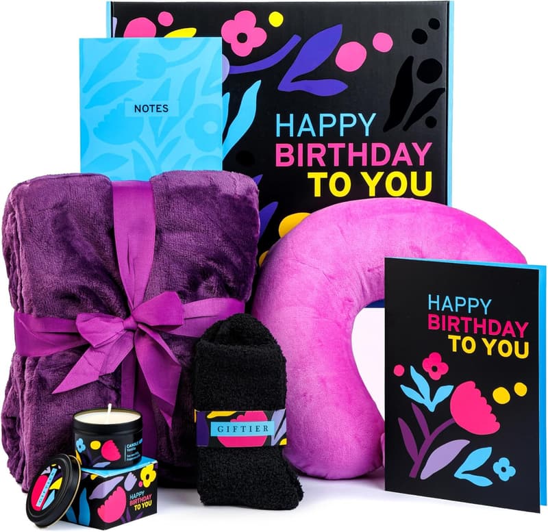 Happy Birthday Gift Basket for Her - Includes Pillow, Blanket, Candle