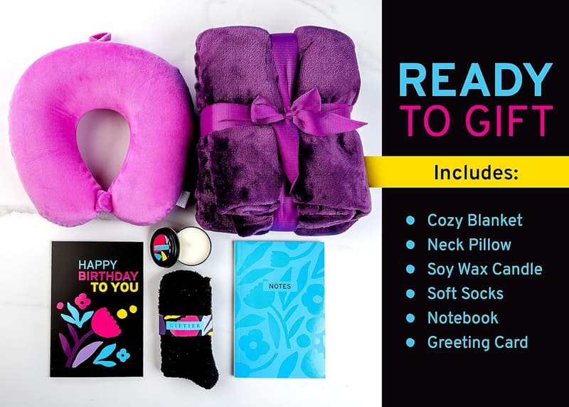 Happy Birthday Gift Basket for Her - Includes Pillow, Blanket, Candle