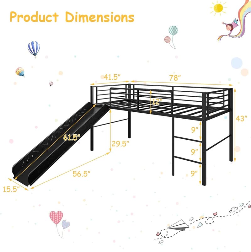 Twin Loft Bed with Slide, Metal Bunk with Guardrails for Kids