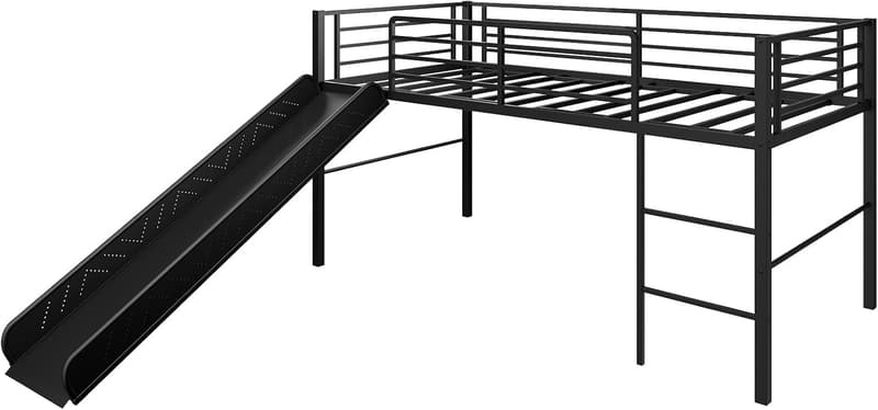 Twin Loft Bed with Slide, Metal Bunk with Guardrails for Kids