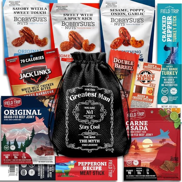 Men's Birthday Gift Basket: Beef Jerky & Nuts Variety Pack