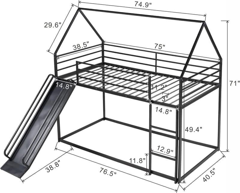 House-Shaped Twin Bunk Bed Frame - Heavy Steel, Space-Saving, Black