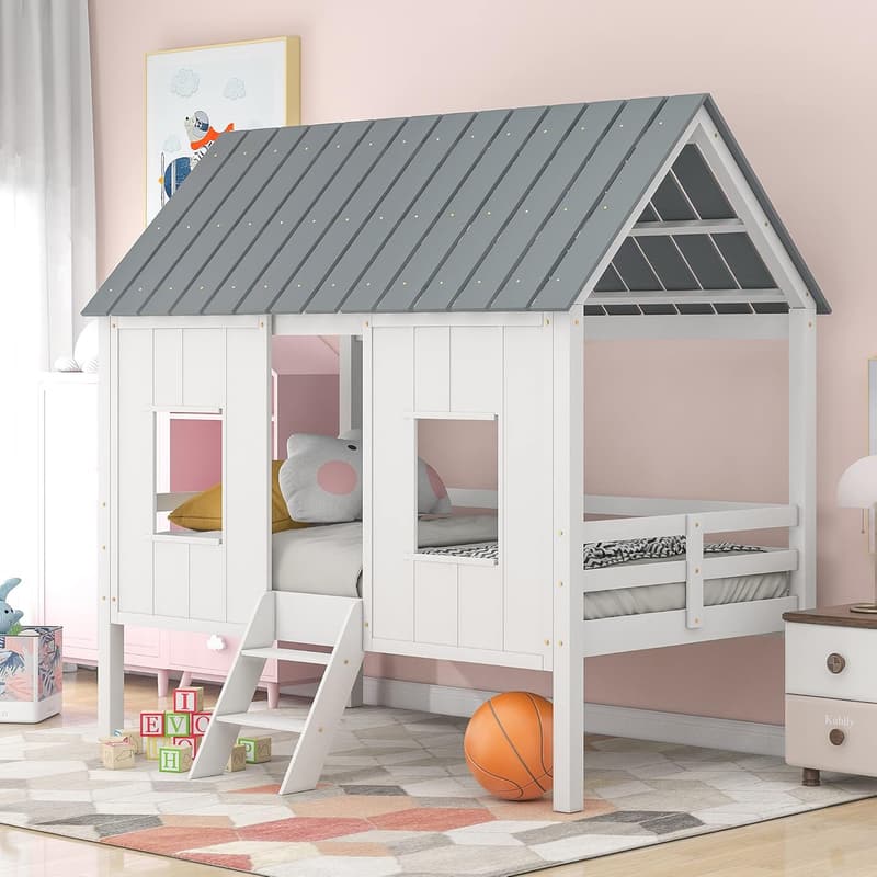 Wood House Bed with Windows and Roof - Low Loft Design