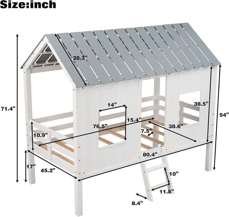 Wood House Bed with Windows and Roof - Low Loft Design