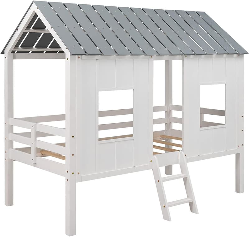 Wood House Bed with Windows and Roof - Low Loft Design