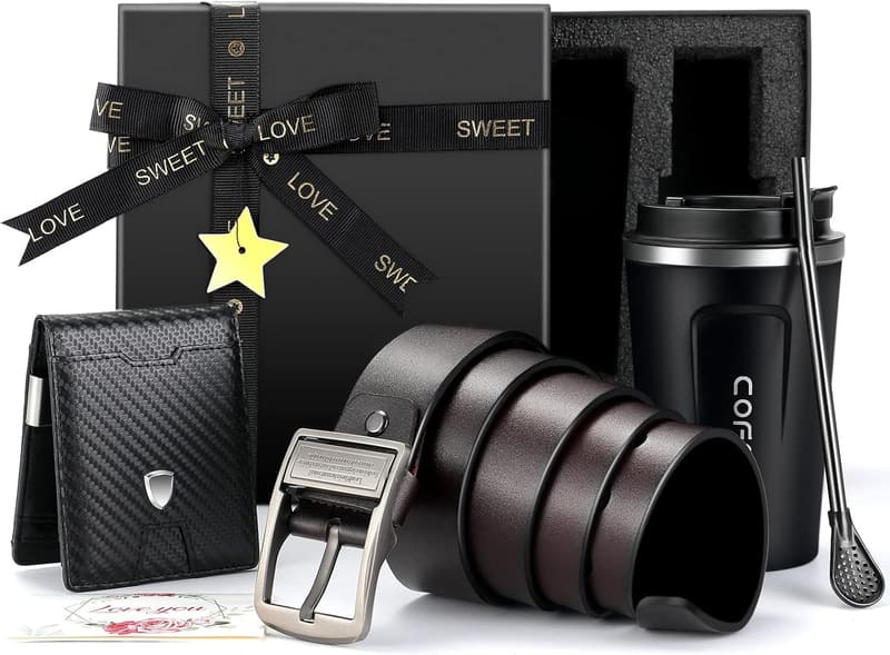 Personalized Coffee Mug, Wallet & Belt Gift Set for Men