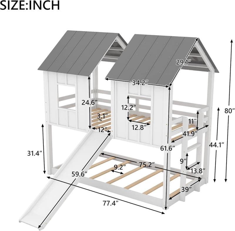 White Twin Size Wooden Bunk Bed with Windows and Guardrails