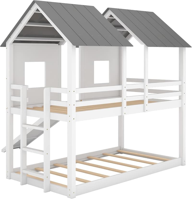 White Twin Size Wooden Bunk Bed with Windows and Guardrails