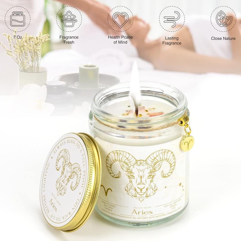 Aries Zodiac Birthday Candle with Lavender Scented Soy Stones