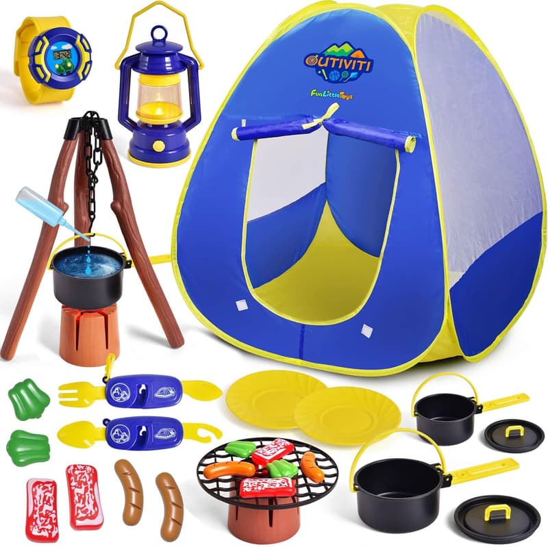 Kids Pop-Up Play Tent with Camping Toys & Lantern