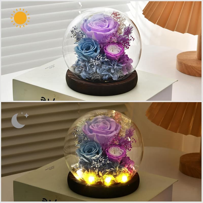 Mother's Day Roses in Glass Dome with LED Light - Gift for Her