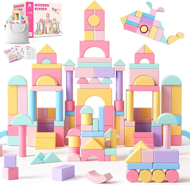Toddler Birthday Gift: 110 PCS Wooden Stacking Blocks Set