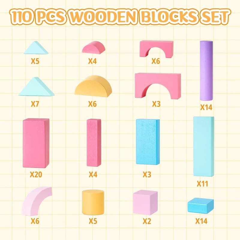 Toddler Birthday Gift: 110 PCS Wooden Stacking Blocks Set