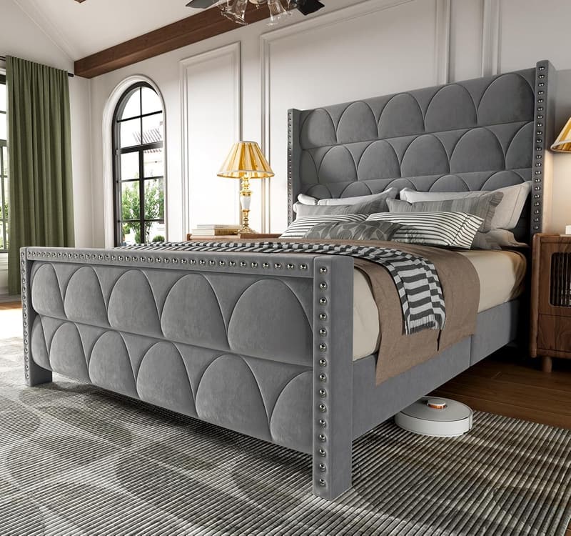 Queen Size Velvet Upholstered Bed Frame with 56