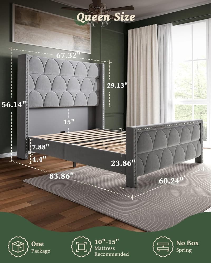 Queen Size Velvet Upholstered Bed Frame with 56