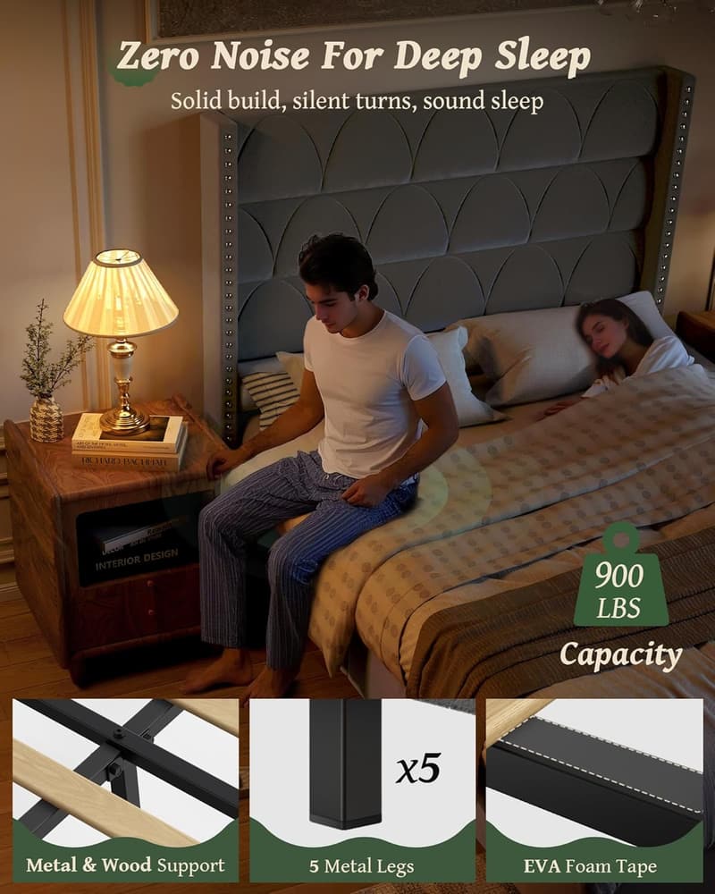 Queen Size Velvet Upholstered Bed Frame with 56