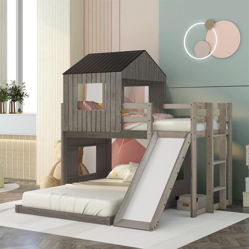 Twin Over Full Wood Bunk Bed with Slide and Roof - Distressed Grey