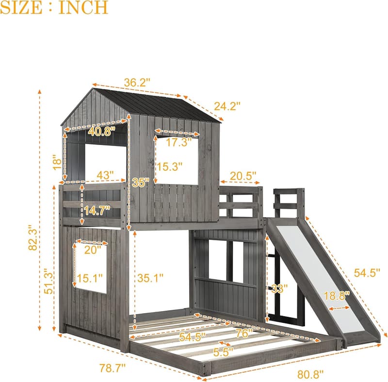 Twin Over Full Wood Bunk Bed with Slide and Roof - Distressed Grey