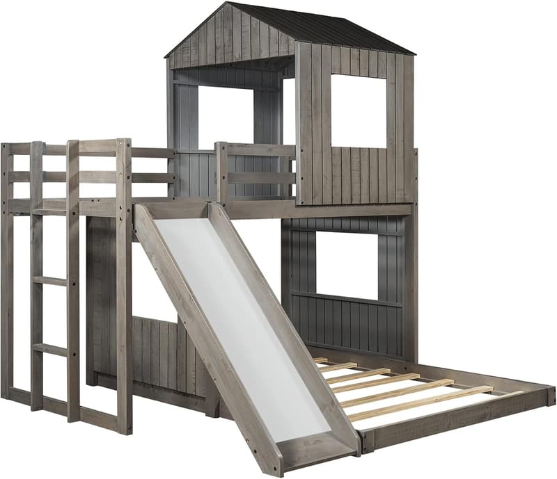 Twin Over Full Wood Bunk Bed with Slide and Roof - Distressed Grey