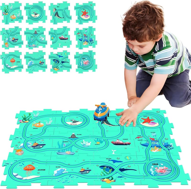 Kids Puzzle Rail Car Play Set - Educational Montessori Toy