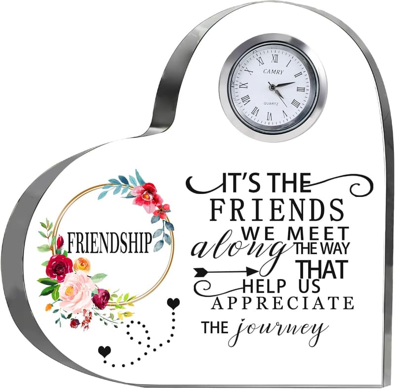 Friendship Birthday Gift: Crystal Heart Clock Flower Plaque