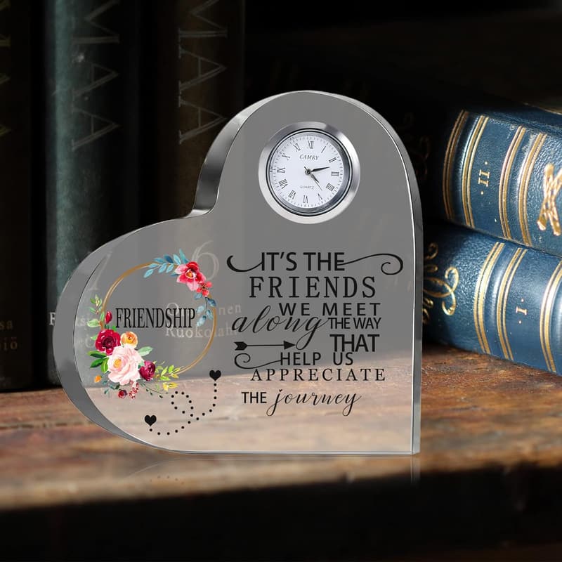 Friendship Birthday Gift: Crystal Heart Clock Flower Plaque