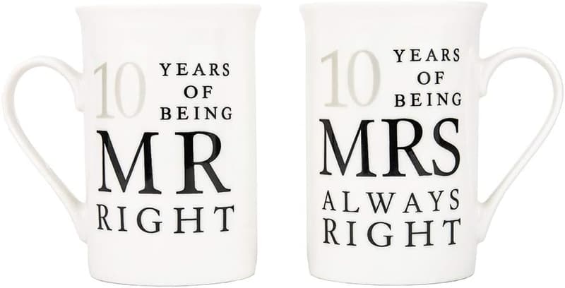 10th Anniversary Mr. Right & Mrs. Always Right Ceramic Mugs Set