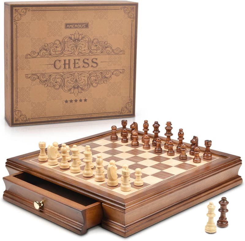 Magnetic Wooden Chess Set with Storage & Extra Queens