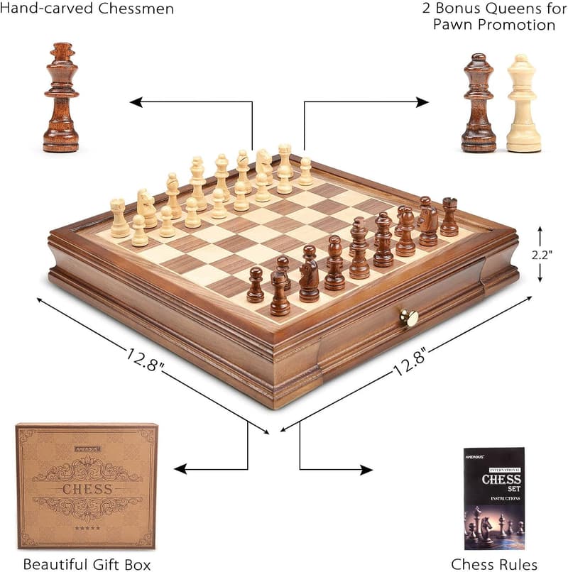 Magnetic Wooden Chess Set with Storage & Extra Queens