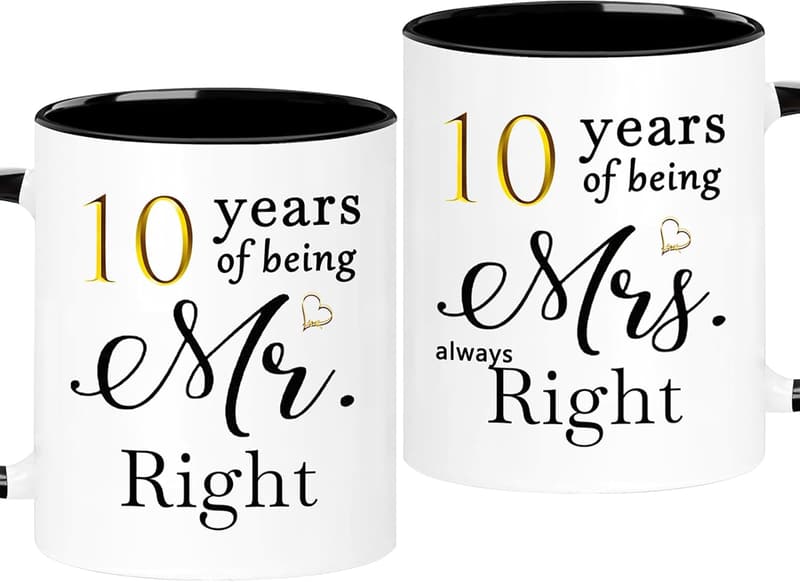 10th Anniversary Coffee Mugs Set for Couples - 11oz