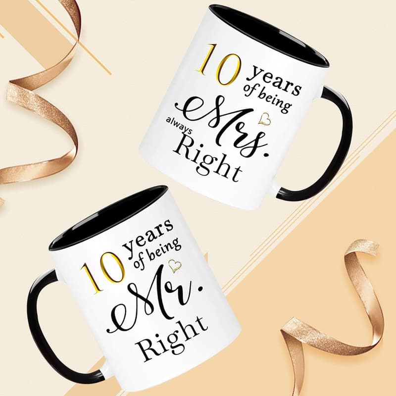 10th Anniversary Coffee Mugs Set for Couples - 11oz