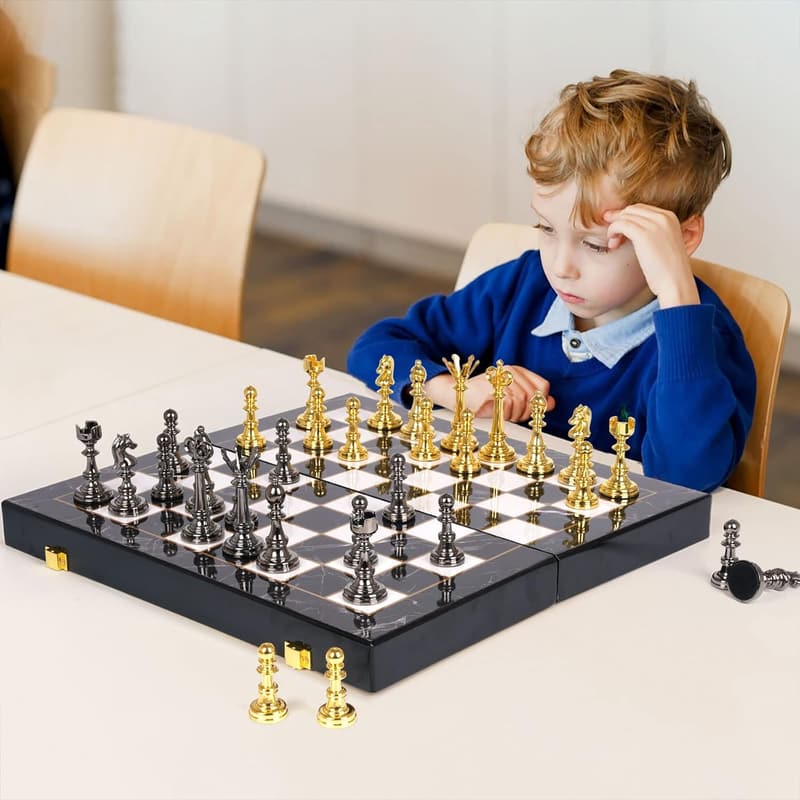 Portable 2-in-1 Metal Chess and Checkers Set for All Ages