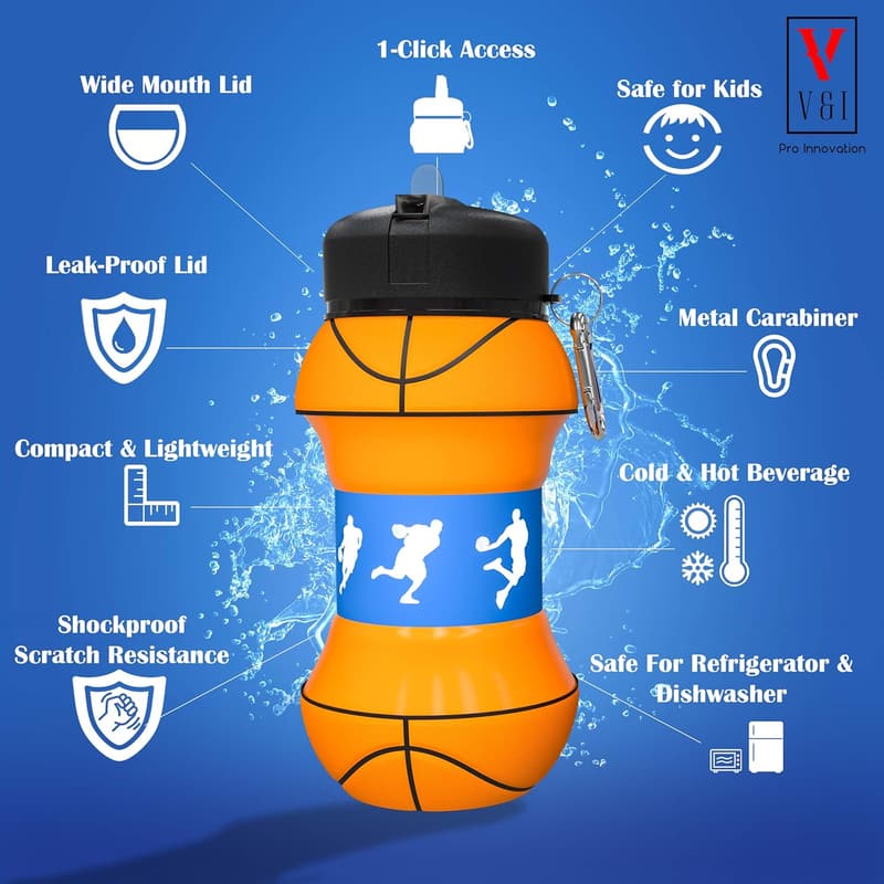 Collapsible Sports Water Bottle - Leak Proof, Squeezable Cup